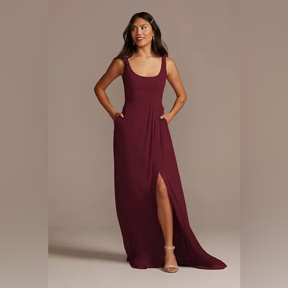 David’s Bridal Celebrate DB Studio Chiffon Scoop Neck Dress in Wine